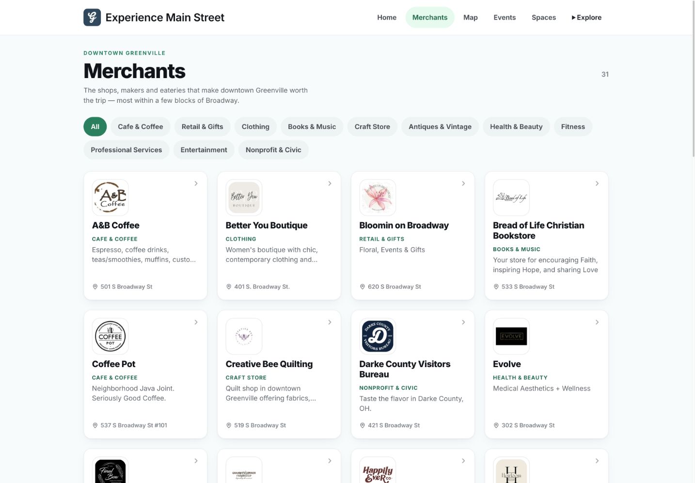 Merchant directory with category filters and local business cards.
