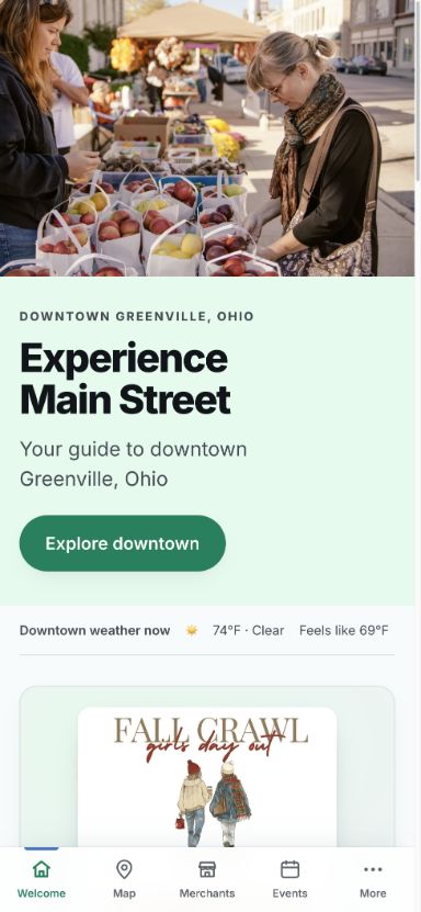 Mobile homepage with bottom navigation for the downtown guide.