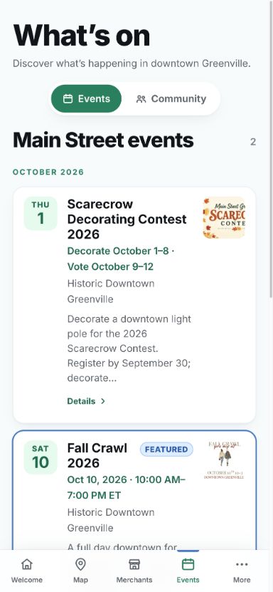 Mobile events calendar for downtown Greenville.