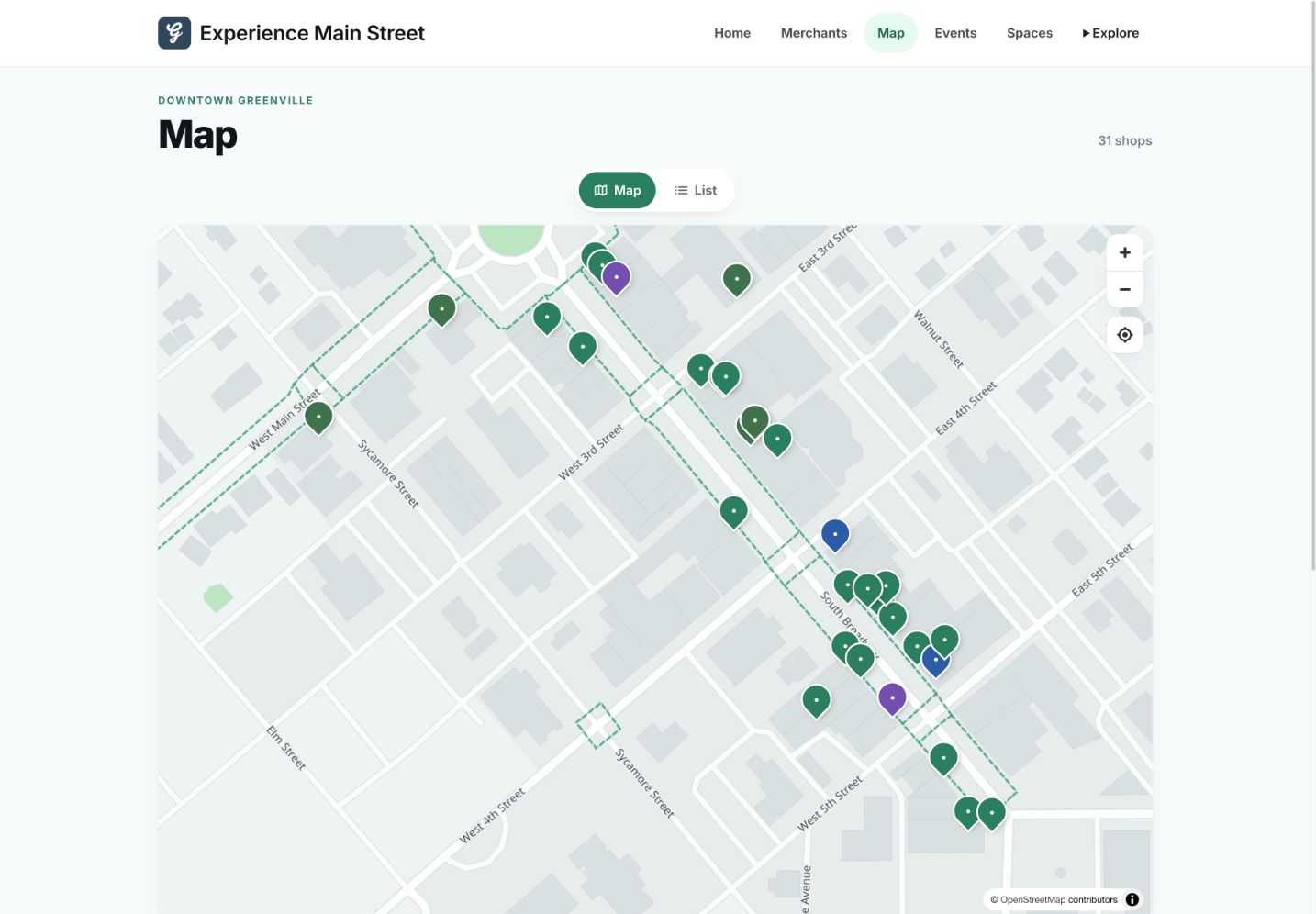 Map of downtown Greenville with merchant location markers.